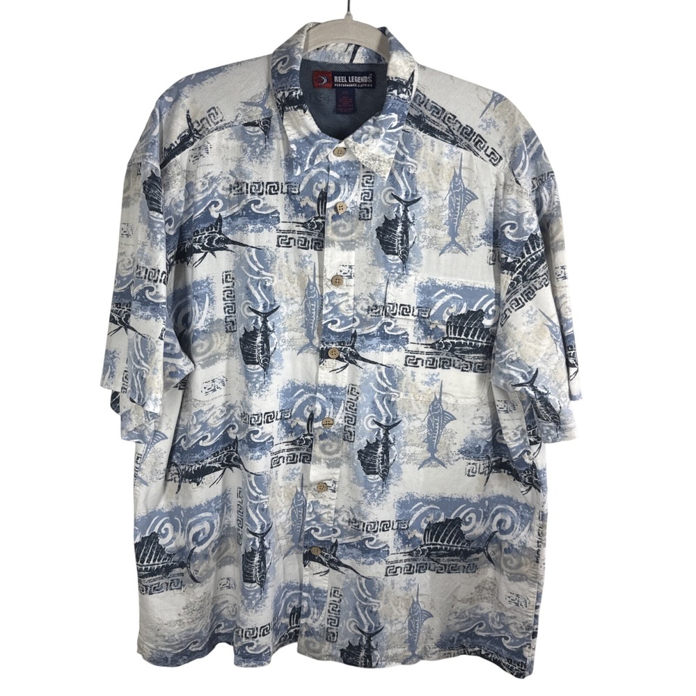 Reel Legends Shirt Men XXL Blue Tropical Marlin Fish Vented Short Sleeve Pocket